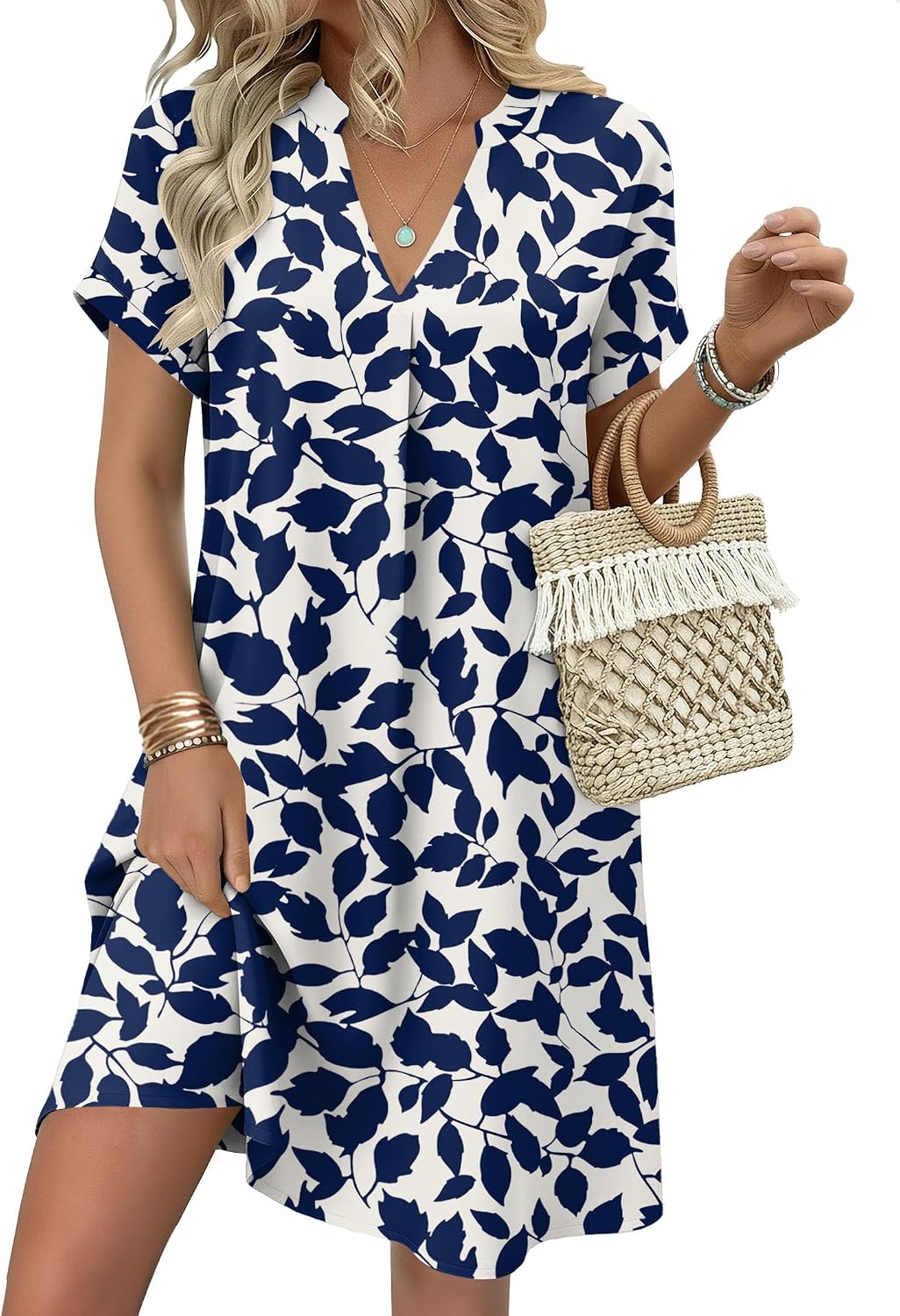 Zeagoo Summer Dresses for Women Short Sleeve Shift Dress V Neck Casual Mini Beach Vacation Boho Sundress with Pockets