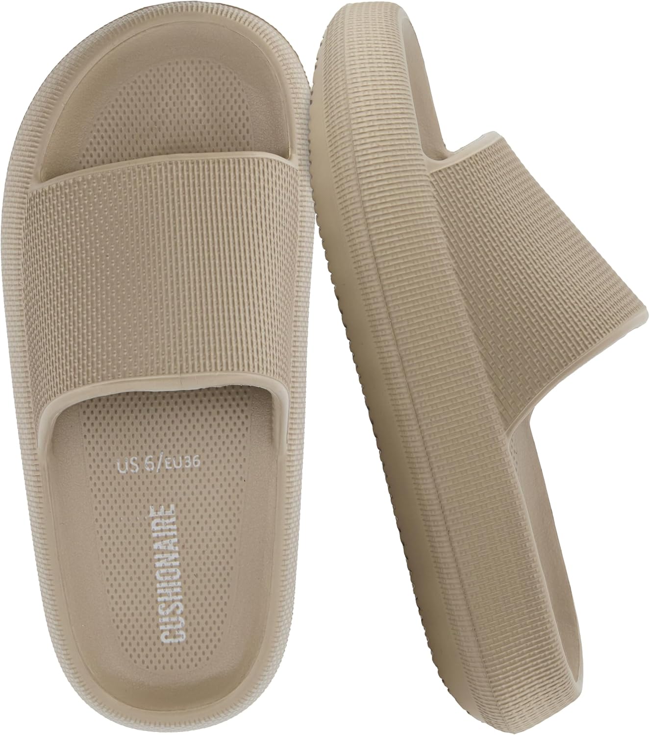 CUSHIONAIRE Feather EVA Slides for Women – Comfortable Slip On Womens Slippers, Indoor Outdoor Shower Shoes, Beach Essential Cloud Slides