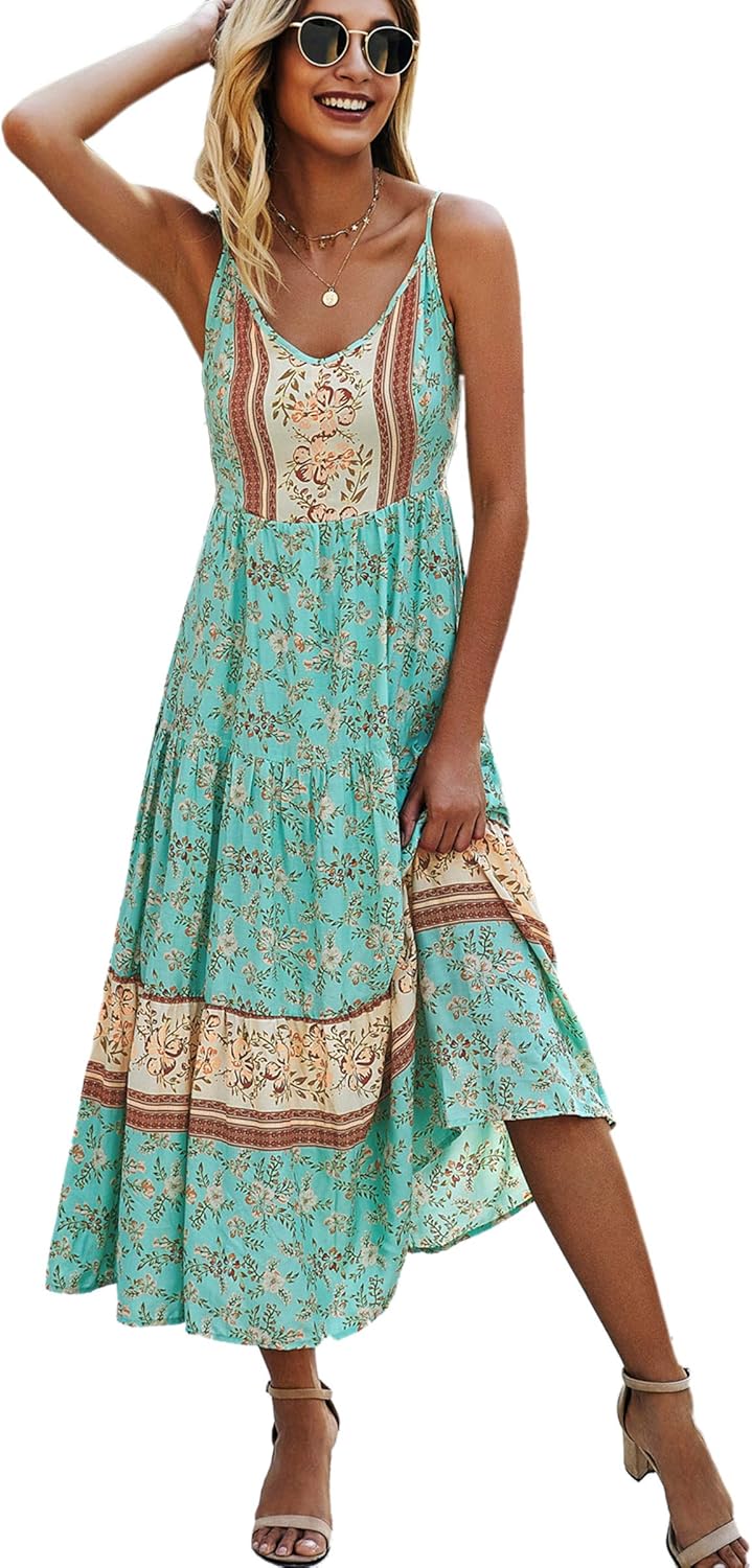 Angashion Women’s Dresses Floral Adjustable Spaghetti Strap V Neck Boho Long Maxi Dress Summer Beach Flowy Ethnic Sundress