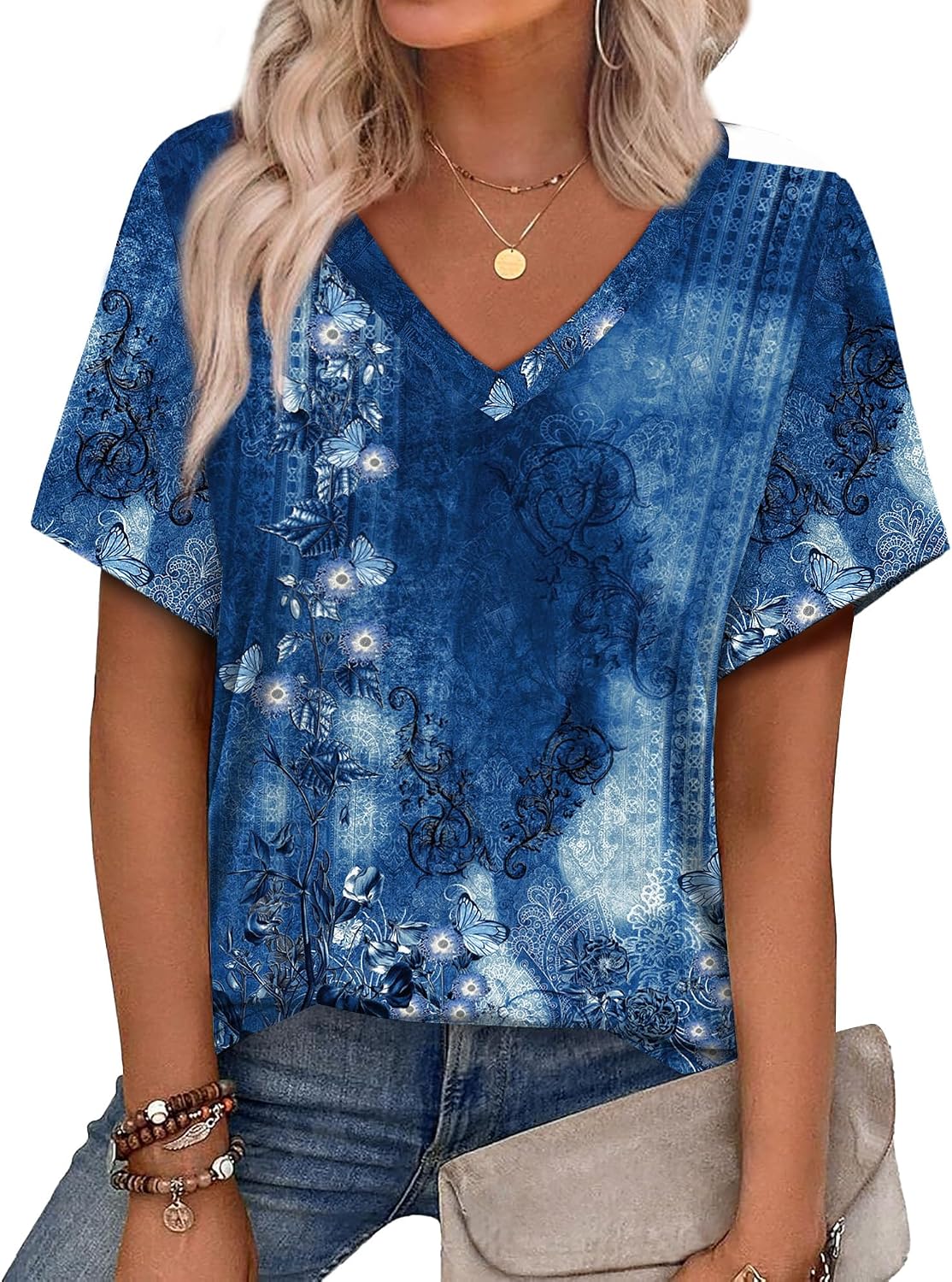 Alaroo Womens Summer Tops 2026 V Neck Short Sleeve Shirts Trendy Dressy Casual Vacation Outfits Printed