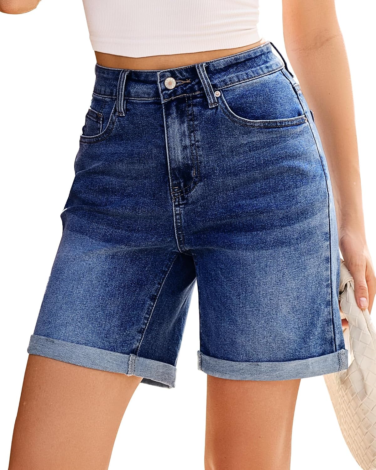 Vetinee Jean Shorts Womens High Waisted Fold Hem Stretchy Long Denim Shorts Mid Thigh Summer Casual Jorts 7 Inch Inseam