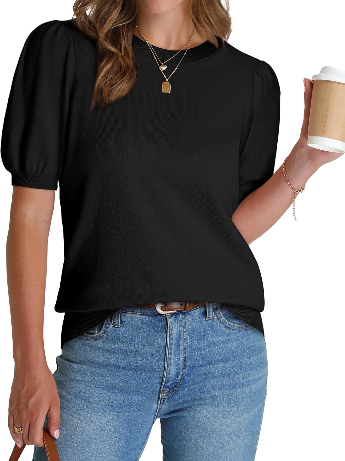 WIHOLL Women’s Puff Short Sleeve Sweater 2026 Spring Summer Tops Trendy Business Causal Outfits Work Blouses Clothes