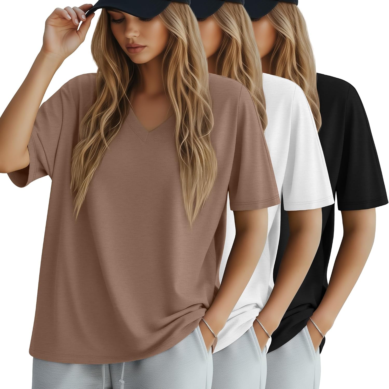 Huukeay 3 Pack Women’s Oversized Cotton T-Shirts V Neck Loose Fit Casual Workout Tees Soft Short Sleeve Tops