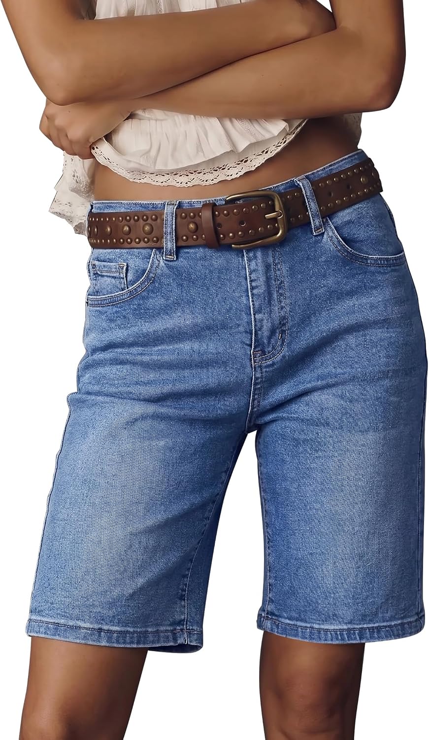 luvamia Bermuda Jean Shorts for Women High Waisted Trendy Stretchy Denim Shorts Knee Length Cutoff Loose Fit Long Shorts