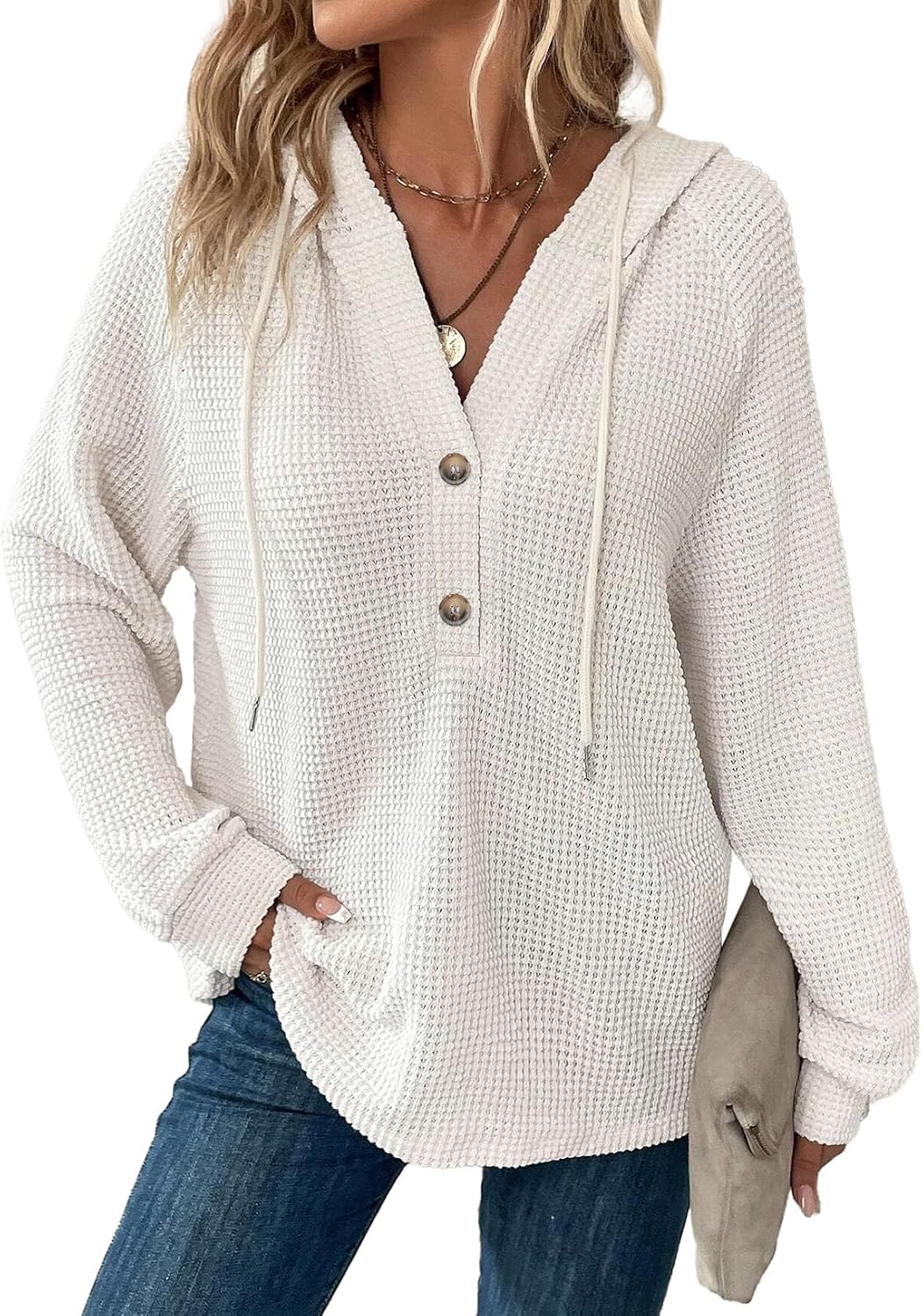 Dokotoo Hoodies for Women Waffle Knit Long Sleeve Drawstring Button V Neck Casual Sweatshirt Hooded Tops Fashion Clothing