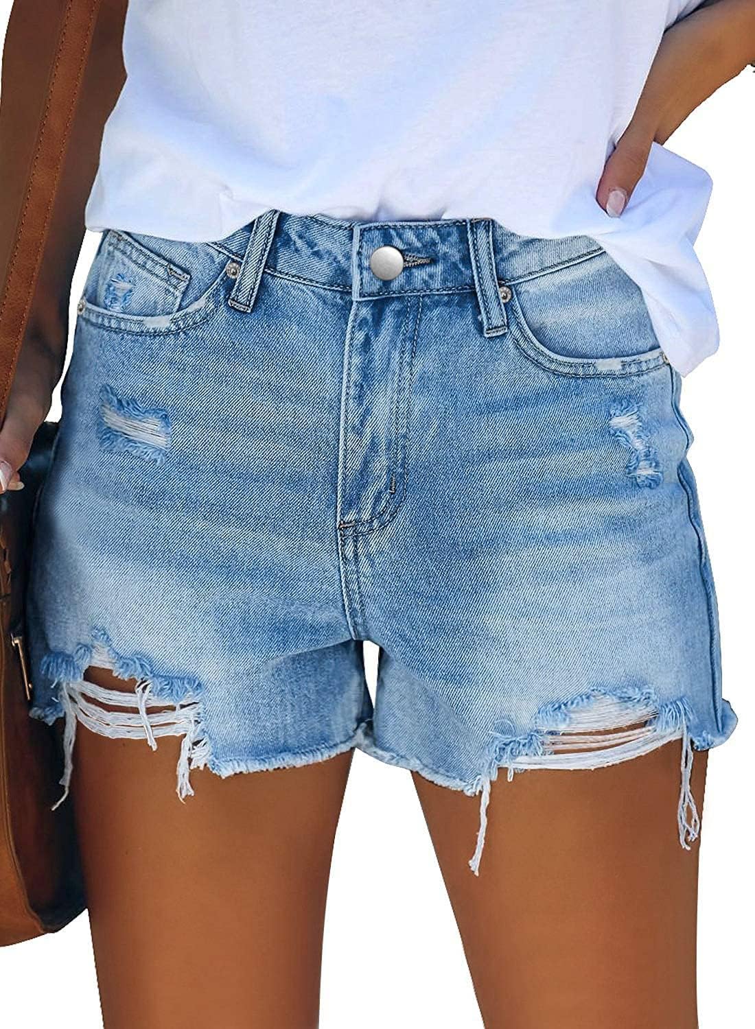 CHICZONE Womens Mid-High Waisted Jean Shorts Ripped Cutoff Denim Shorts Stretchy Summer Short Pants