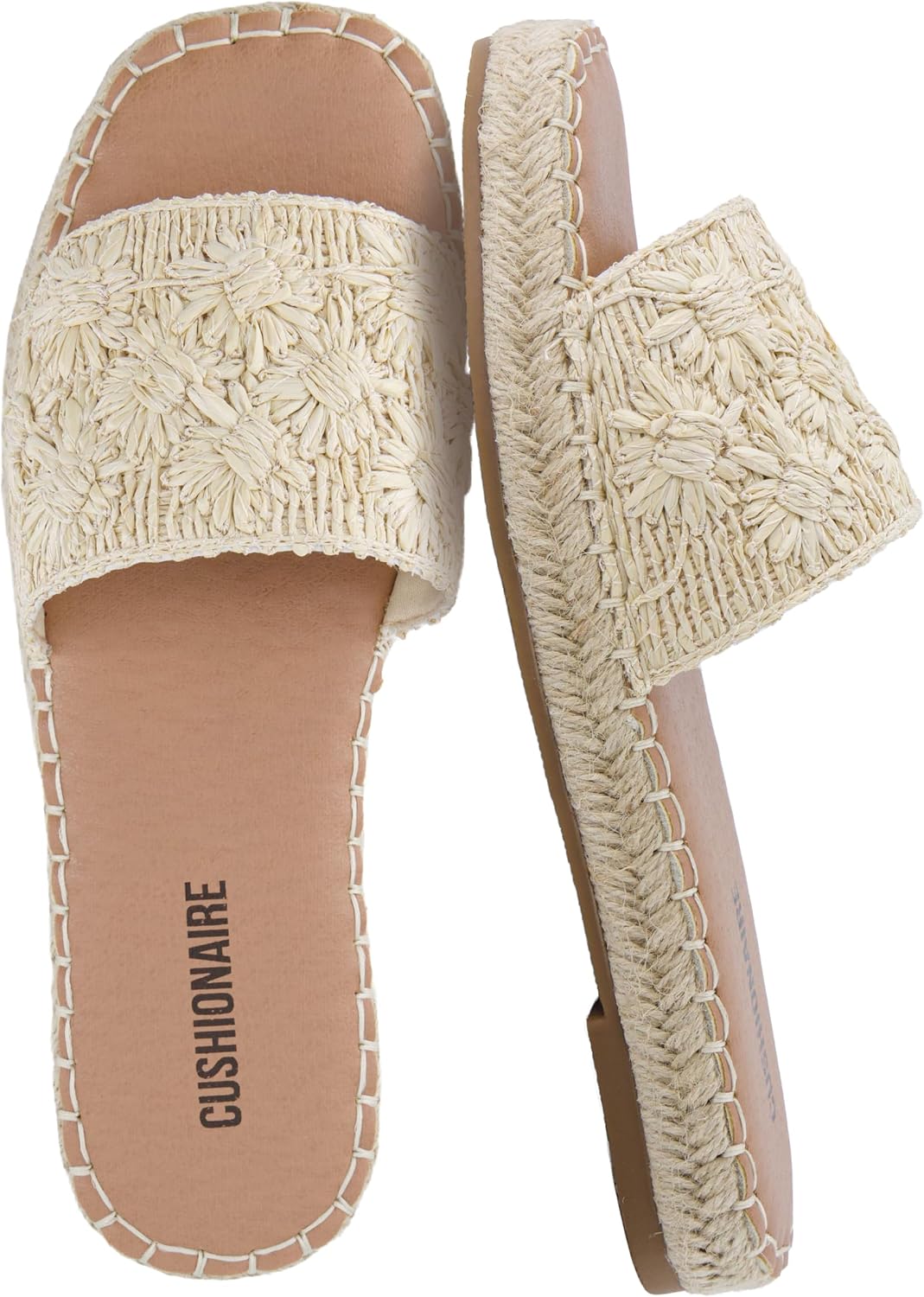CUSHIONAIRE Bolero Sandals for Women, Woven Raffia Slide with Jute Sole, Floral Straw Detail and Memory Foam
