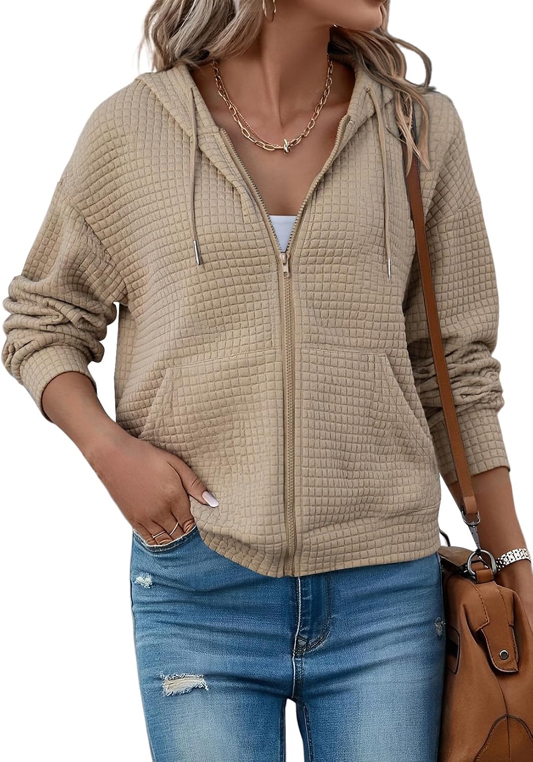 SHEWIN Womens Zip Up Hoodies Oversized Sweatshirt Fall Fashion Outfits 2026 Casual Waffle Hooded Jackets