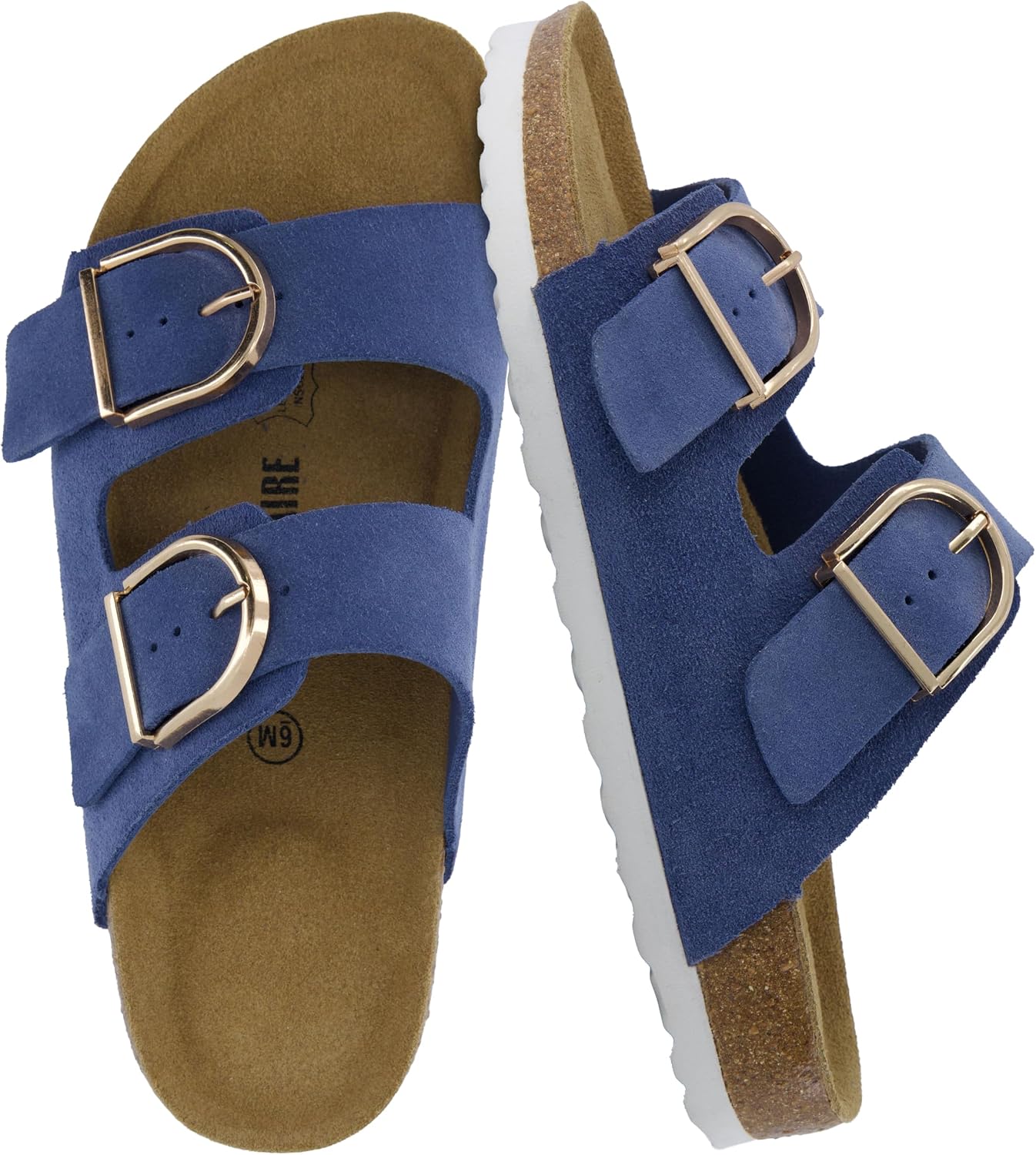 CUSHIONAIRE Legacy Cork Footbed Sandals for Women – Leather Double Strap Slides with Adjustable Buckles + Memory Foam