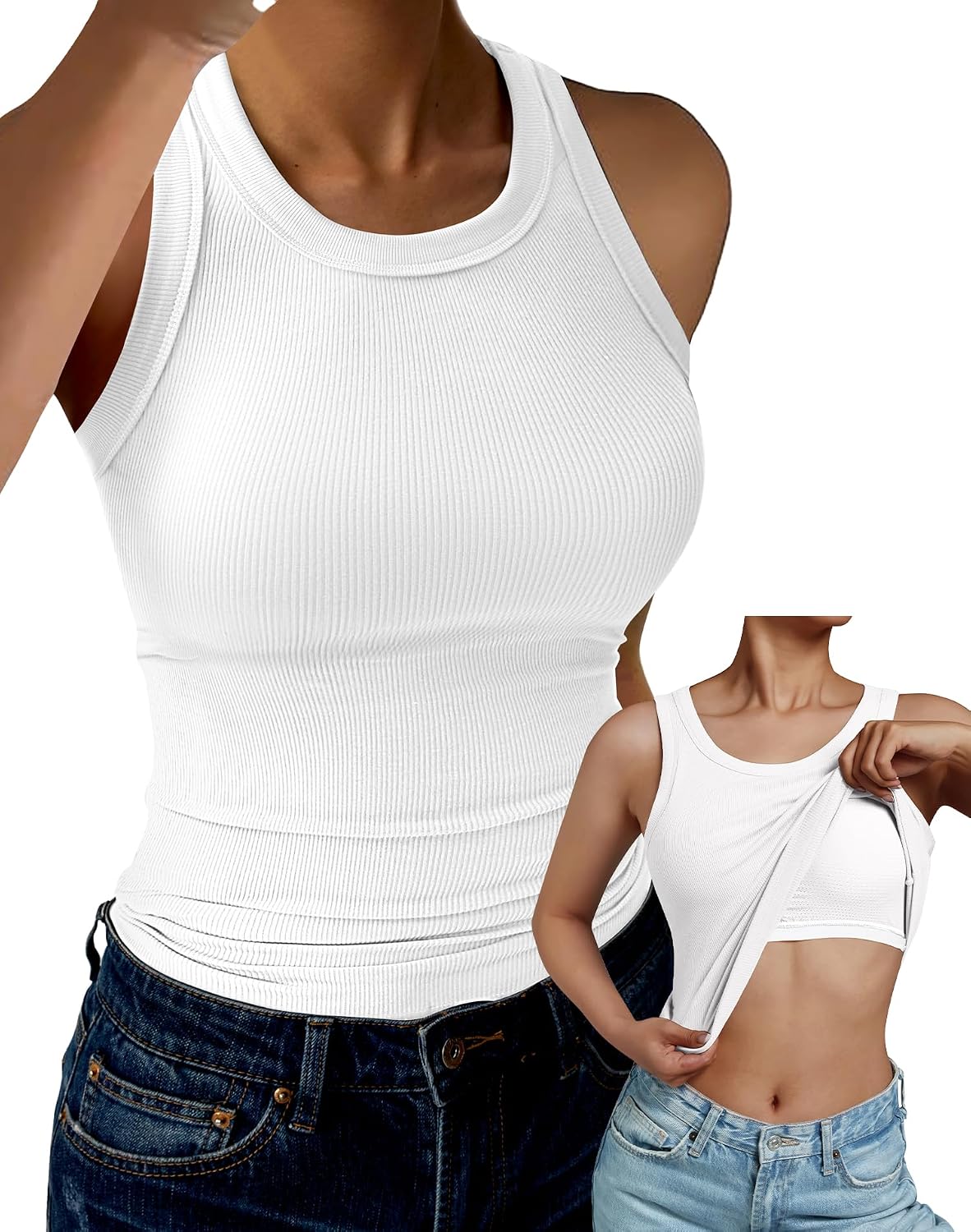 GKBK Tank Top for Women Built in Bra High Neck Ribbed Basics Tops Racerback Fitted Bra Tanks