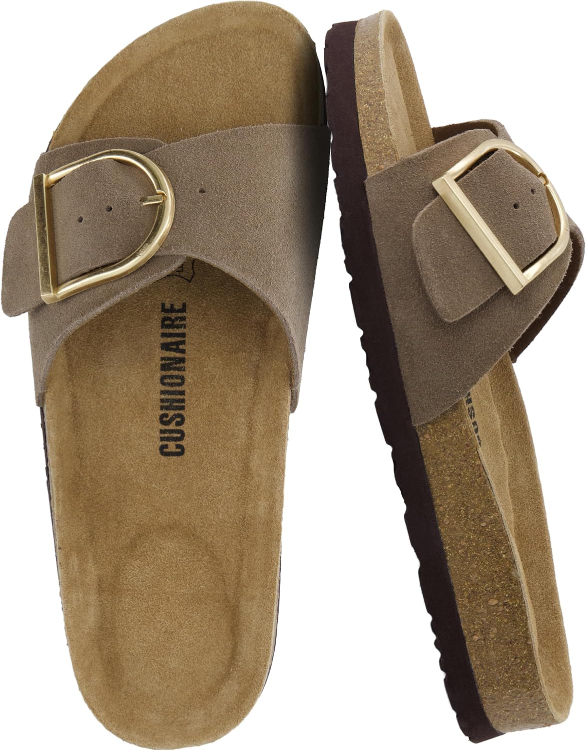 CUSHIONAIRE Leeds 100% Genuine Leather Suede Womens Sandals, Comfortable Slides for Women with Adjustable Statement Buckle
