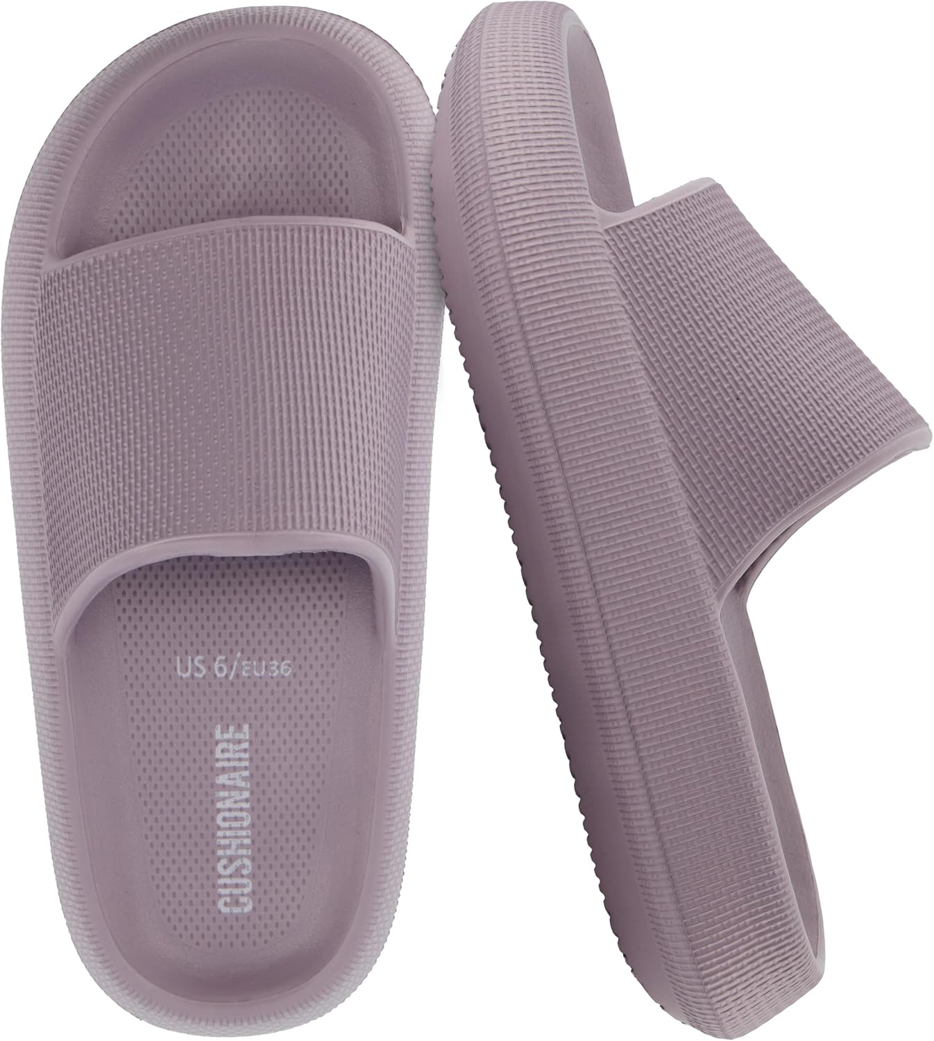 CUSHIONAIRE Feather EVA Slides for Women – Comfortable Slip On Womens Slippers, Indoor Outdoor Shower Shoes, Beach Essential Cloud Slides