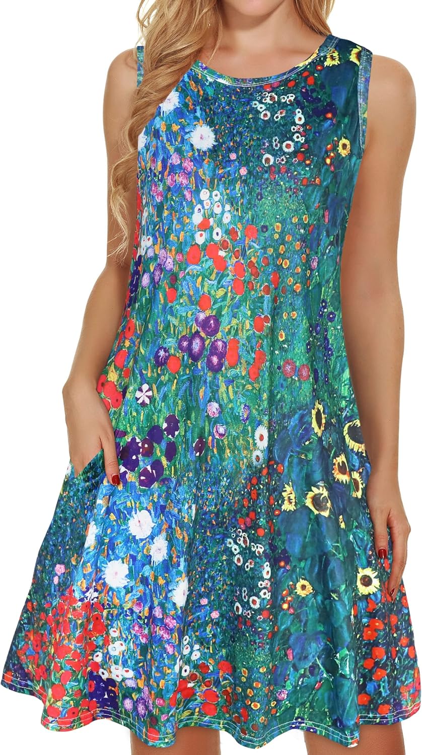 elescat Women’s Summer Dresses 2026 Beach Casual Sleeveless Floral Print Tank Loose Sundress with Pocket