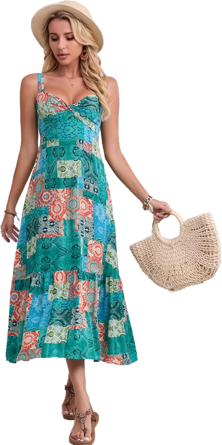 Boho Floral Sleeveless V-Neck Maxi Dress Adjustable Straps Flowy | Versatile boho sundress. Perfect for beach, party, travel, honeymoon. Pair with boots or a knit layer.