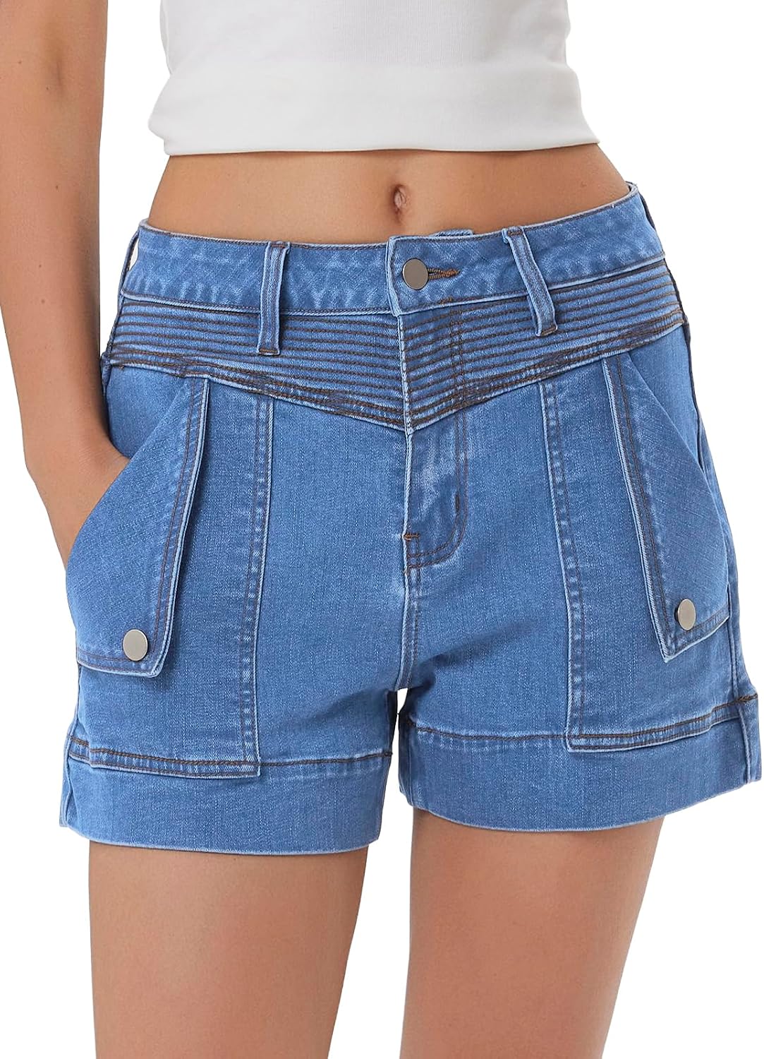 Kedera Women’s Mid Rise Stretch Denim Shorts Casual Button Jean Hot Short Jorts with Pockets Beach