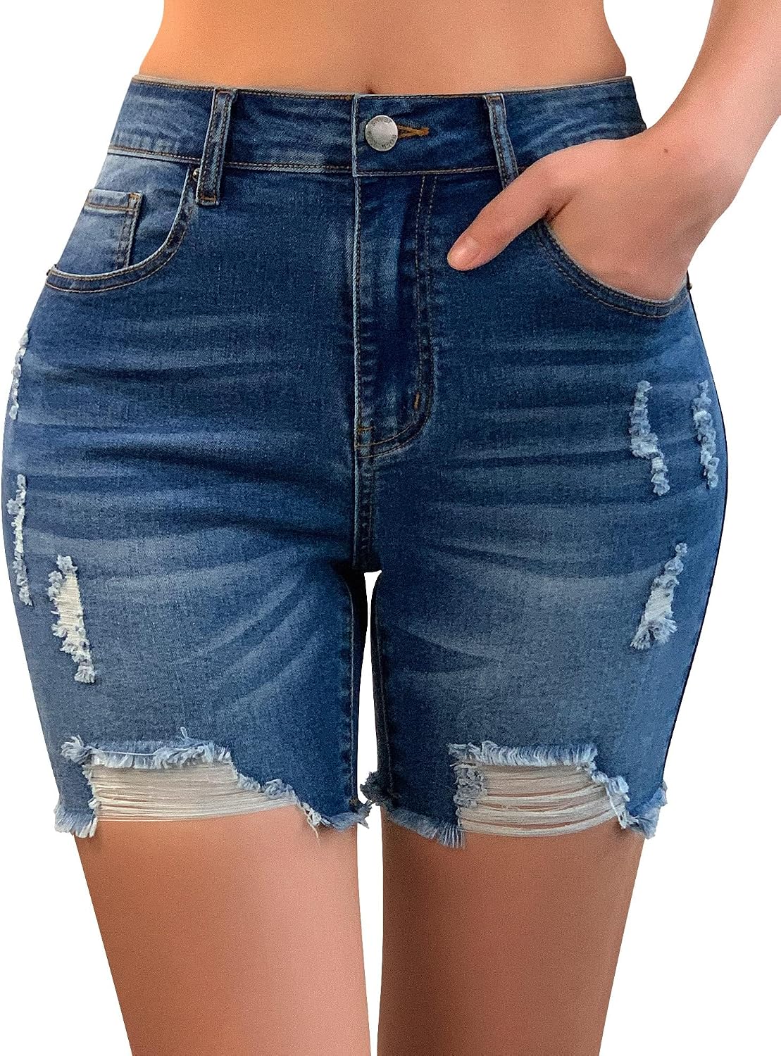 roswear Women’s Casual Summer Ripped High Waisted Shorts Stretch Distressed Frayed Raw Hem Jean Shorts
