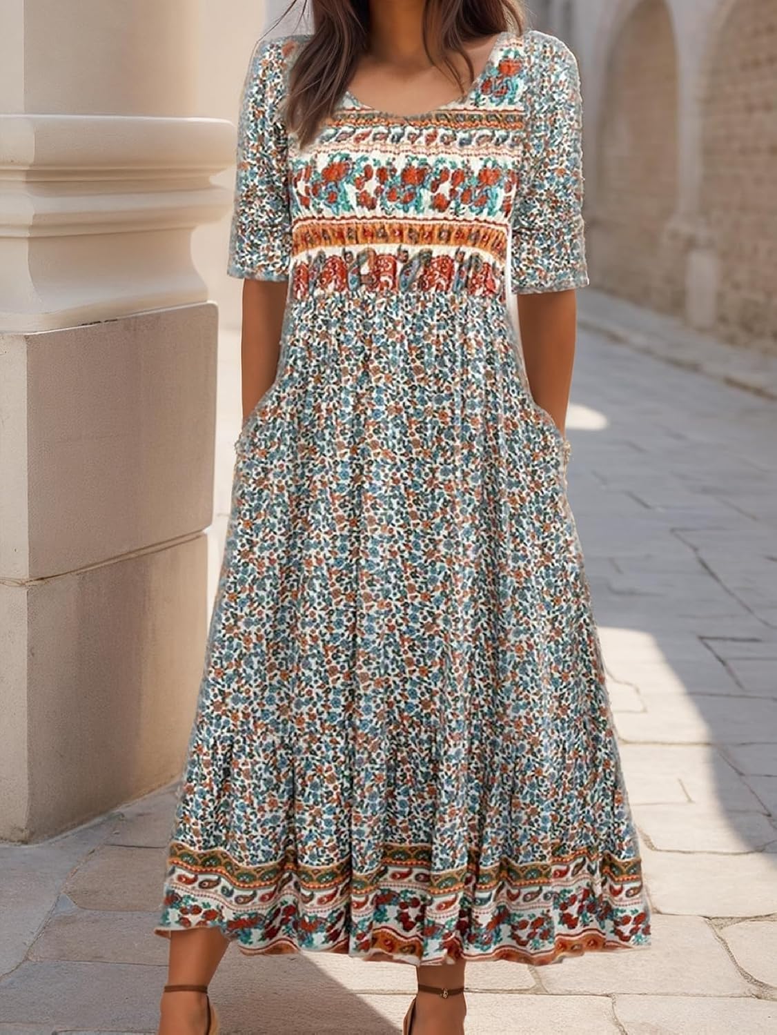 Women’s Summer Boho Dresses Floral Printed Midi Dress Flowy A Line Casual Short Sleeve Sundress Beach with Pockets