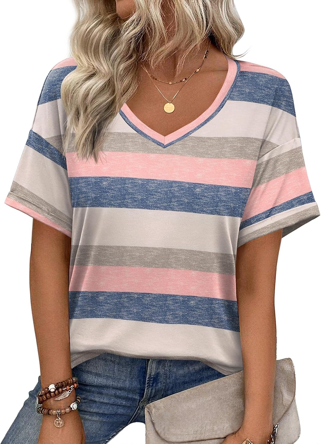 Zeagoo Womens Summer Tops Short Sleeve Casual Shirts Floral Tee Trendy 2026 Basics V Neck Plain Tshirt