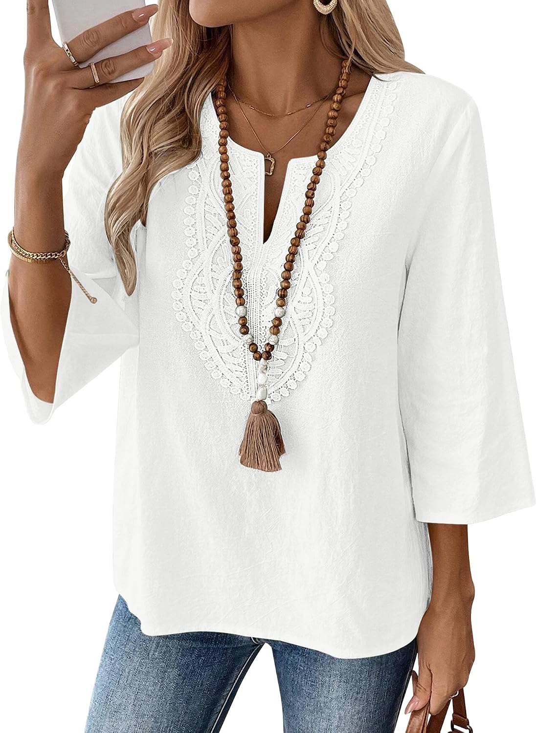 LOMON Womens 3/4 Sleeve Tops Cotton Linen Shirts V Neck Lace Casual Loose Fit Blouses Boho Fashion