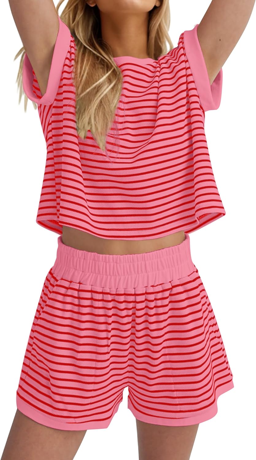 MISSACTIVER 2 Piece Lounge Set Women Stripe Knit Short Sleeve Tee Shirts Shorts Casual Summer Loungewear Shorts Sets