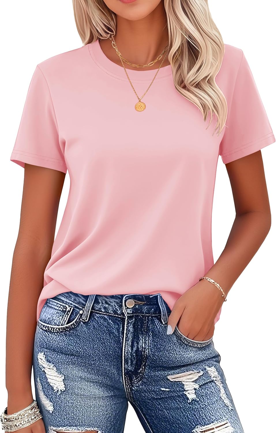 MAGCOMSEN Women’s T Shirts Cotton Short Sleeve Shirts Crew-Neck Summer Tops Classic-Fit Tees Breathable Casual Clothes