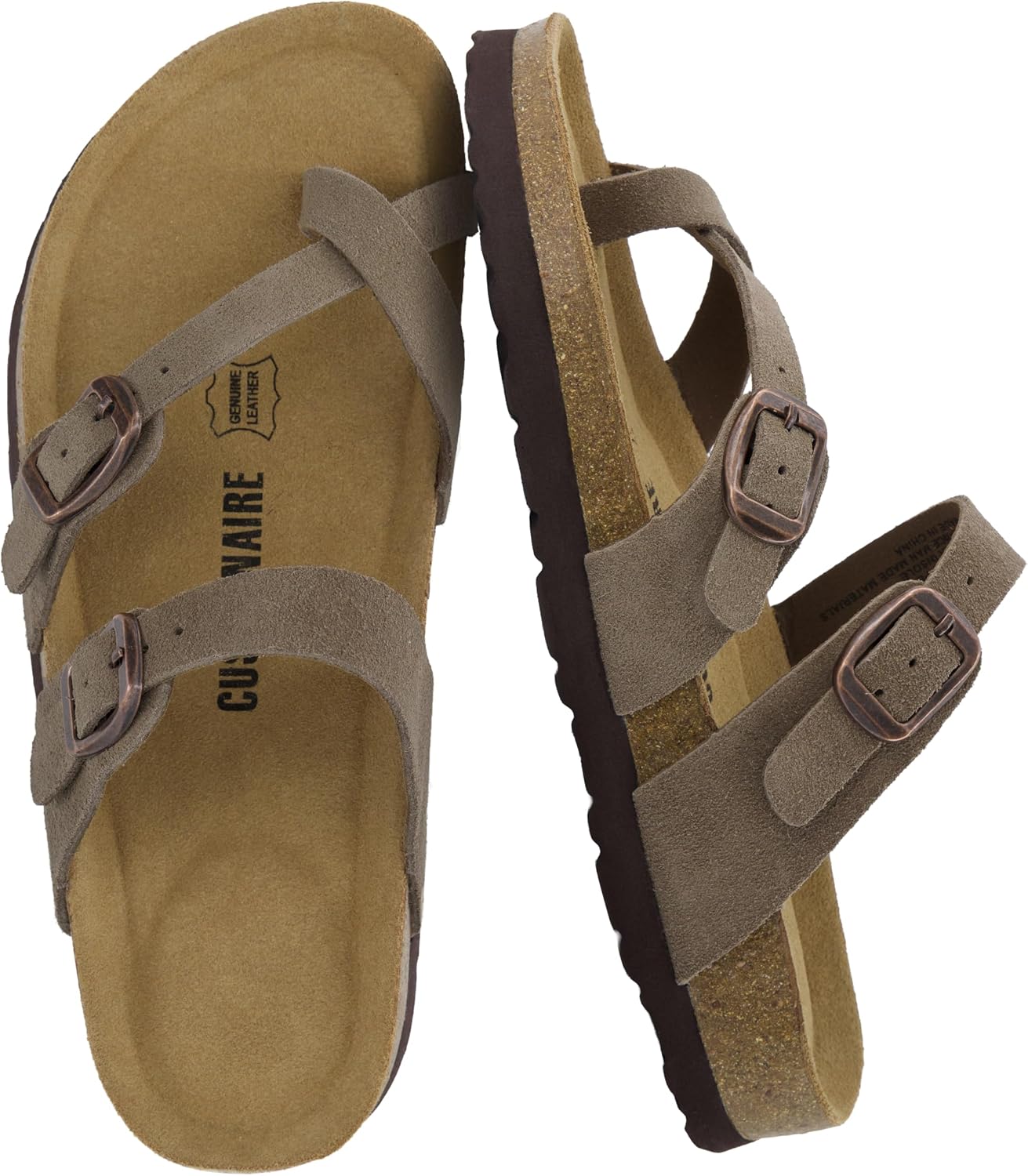 CUSHIONAIRE Lucky 100% Genuine Leather Suede Womens Sandals, Comfortable Cork Footbed Slides for Women with Adjustable Buckles