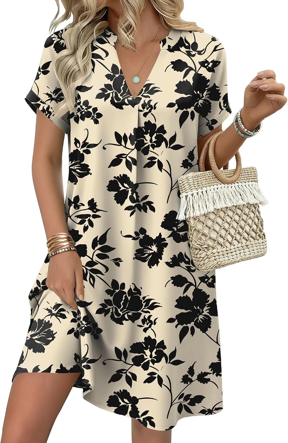 Zeagoo Summer Dresses for Women Short Sleeve Shift Dress V Neck Casual Mini Beach Vacation Boho Sundress with Pockets