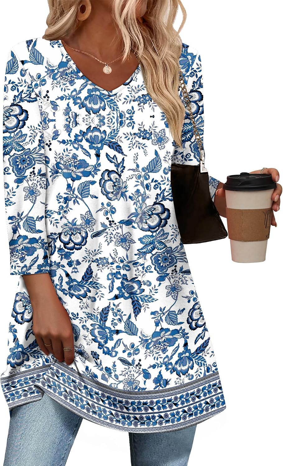 OFEEFAN 3/4 Length Sleeve Womens Tops Dressy Casual Plus Size Tunics to Wear with Leggings