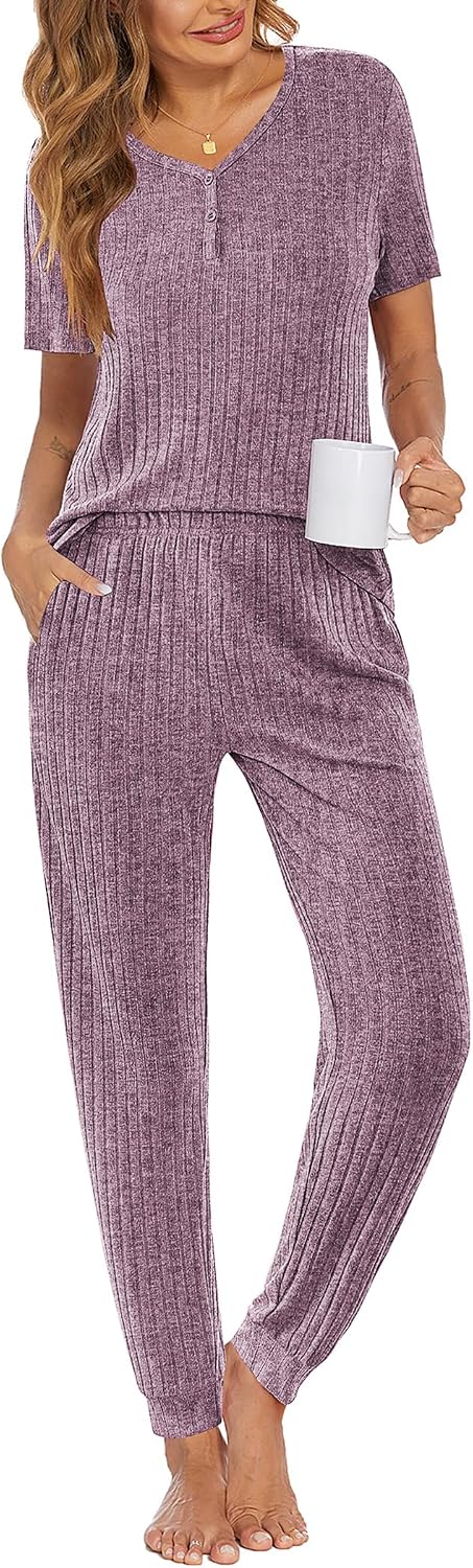 Ekouaer Pajamas for Women Set 2 Piece Rib Knit Lounge Set Joggers Loungewear Short Sleeve Pjs with Pockets