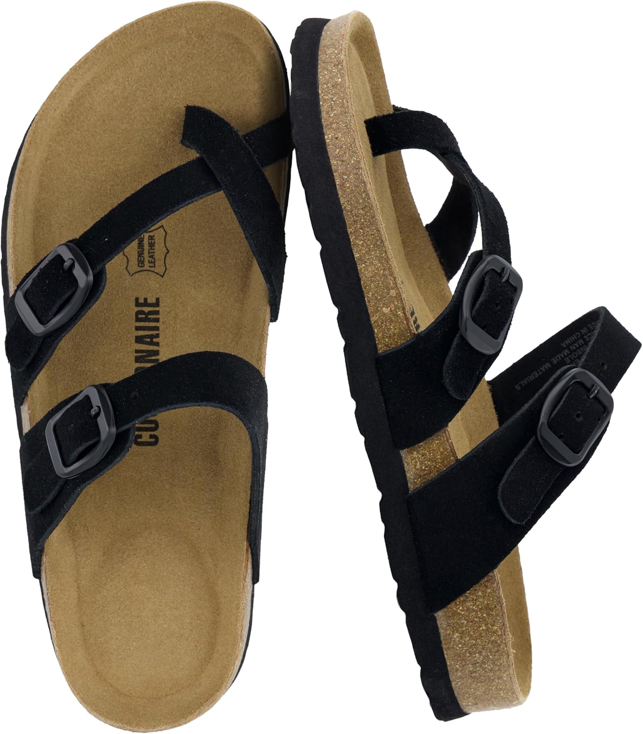 CUSHIONAIRE Lucky 100% Genuine Leather Suede Womens Sandals, Comfortable Cork Footbed Slides for Women with Adjustable Buckles