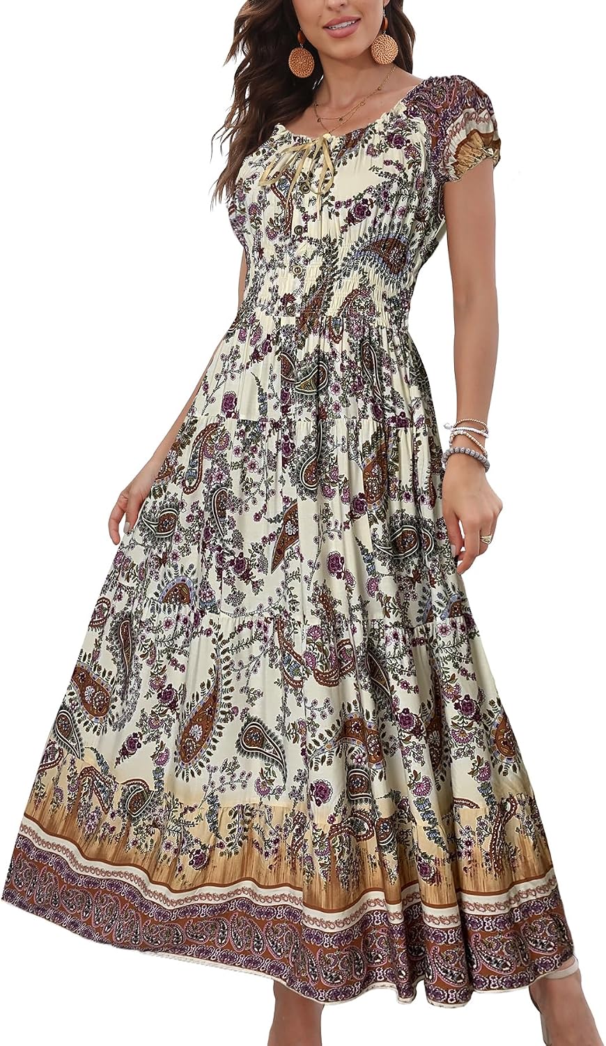 OSTOO Women’s Floral Maxi Dress Boho Summer Short Sleeve Smocked Waist Tiered Long Dress