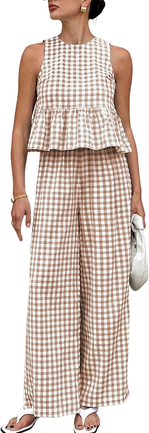 Tanming Women’s 2 Piece Set Outfits Gingham Plaid Tank Tops Wide Leg Pants Matching Lounge Sets