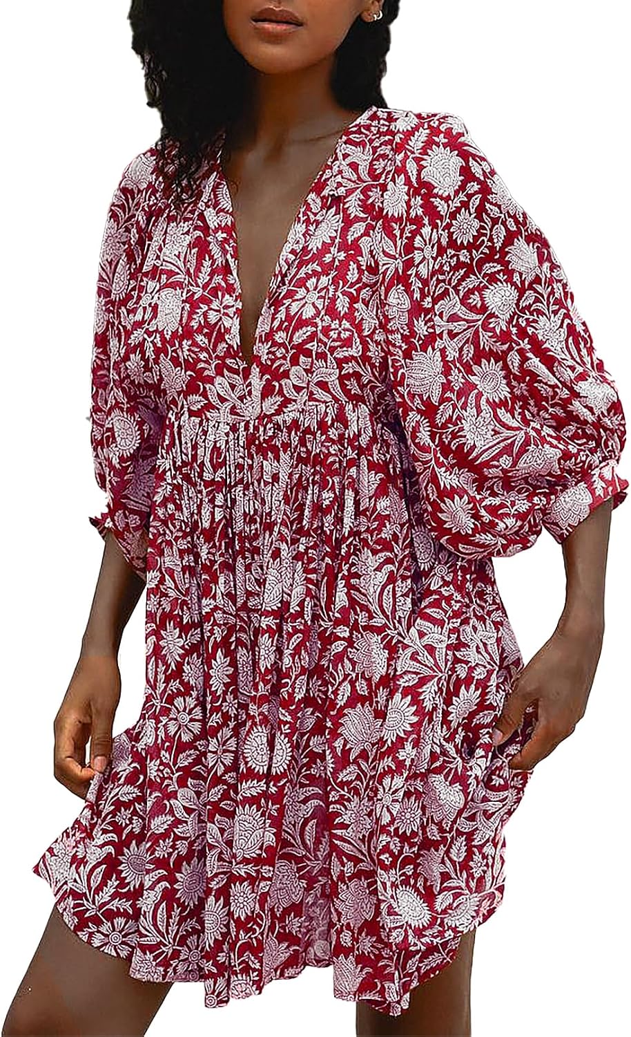 Boho Dresses for Women Floral V Neck Puff SLVS Babydoll Short Beach Dress