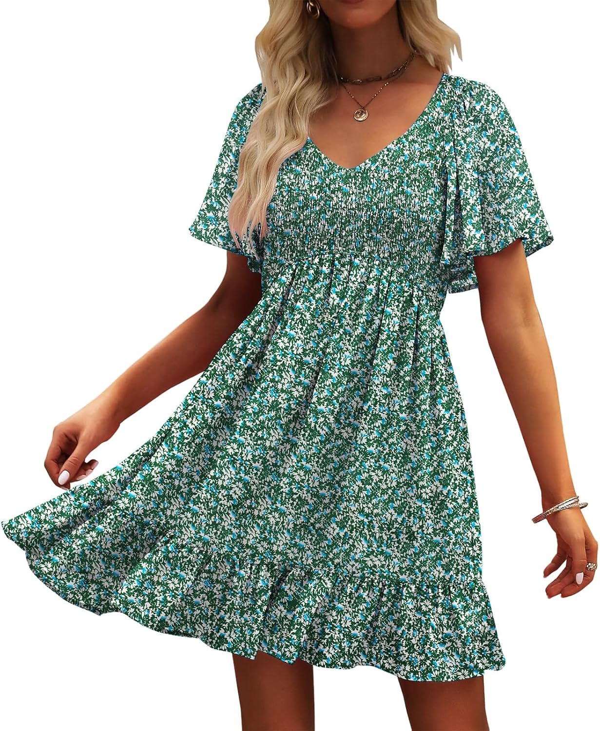 UEAL Womens Cute Floral Smocked V Neck Flutter Sleeve Sundress with Pockets Casual Spring Summer Dresses for Women 2026