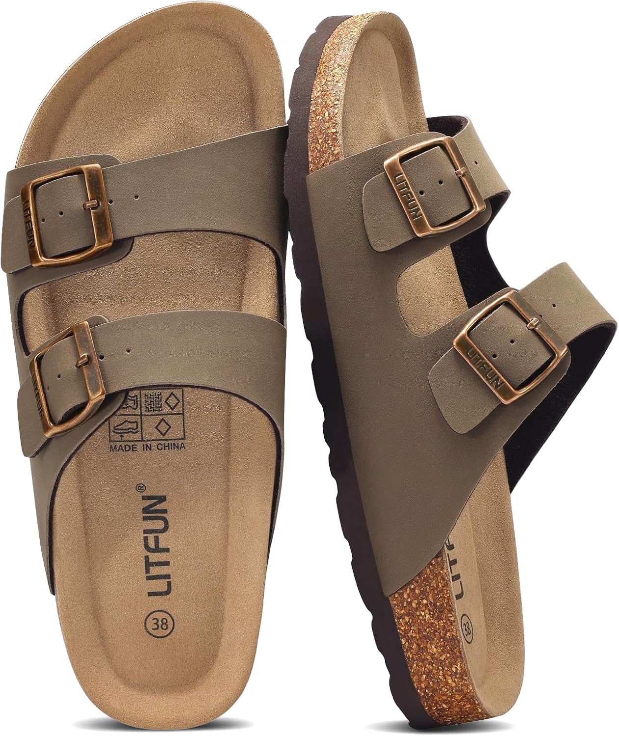 Litfun Unisex Cork Footbed Sandal Summer Slip On Slide Sandals with Adjustable Buckle for Women Men