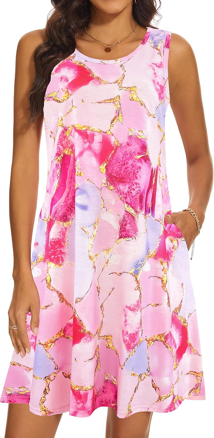 Summer Dresses for Women 2026 Casual Sundresses Beach Cover Ups Sleeveless Tshirt Swing Dress with Pockets