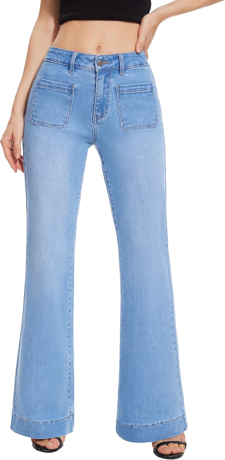 FLYING BANANA Women’s Flare High Waisted Bell Bottom Wide Leg Jeans Baggy Stretch Trendy Denim with Pockets