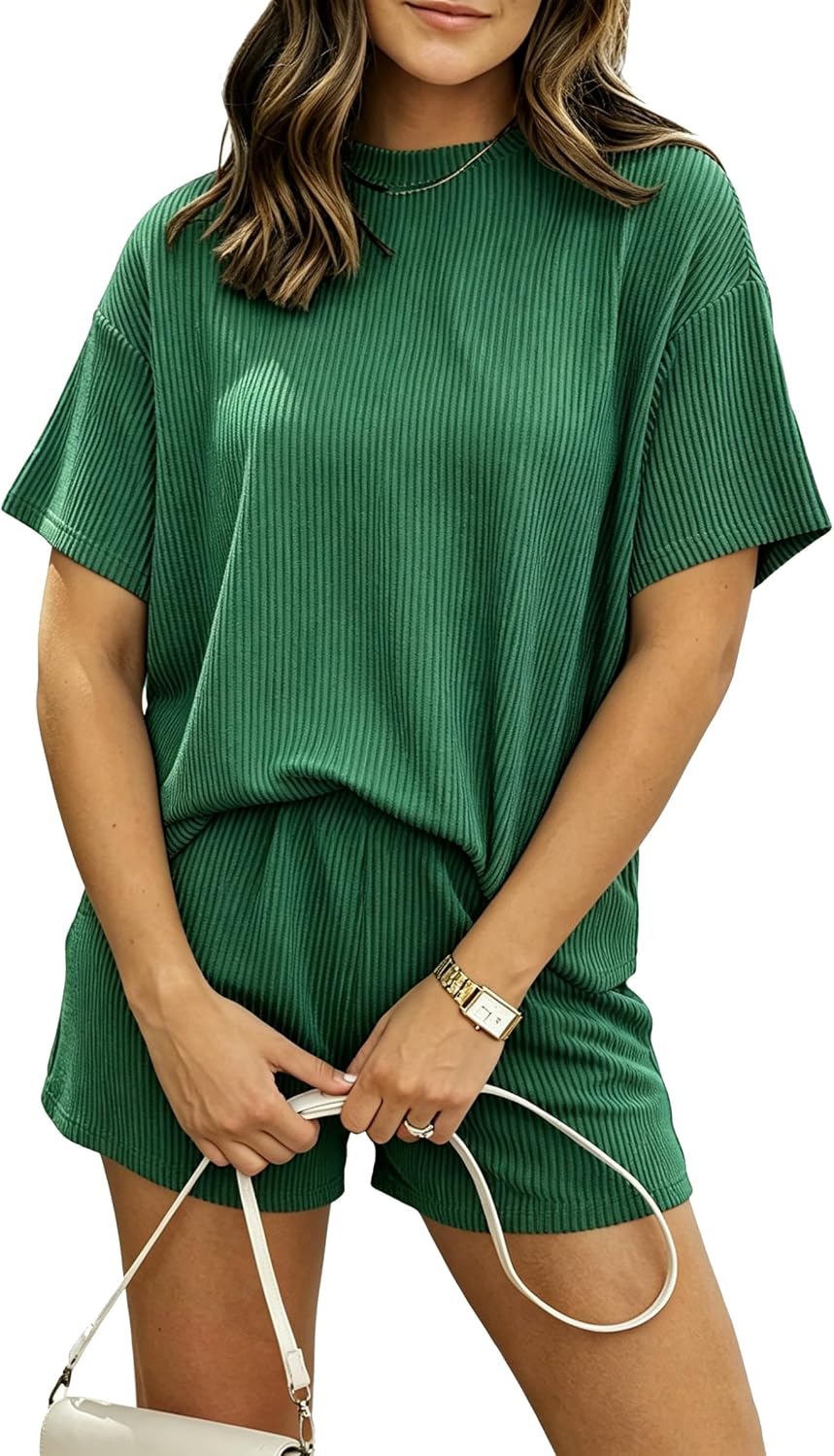 BDITANLE Women’s 2 Piece Lounge Set Short Sleeve Wide Leg Shorts Pockets | Vibrant ribbed knit, breathable summer two-piece set, relaxed stretch waistband for daily lounge and casual outings