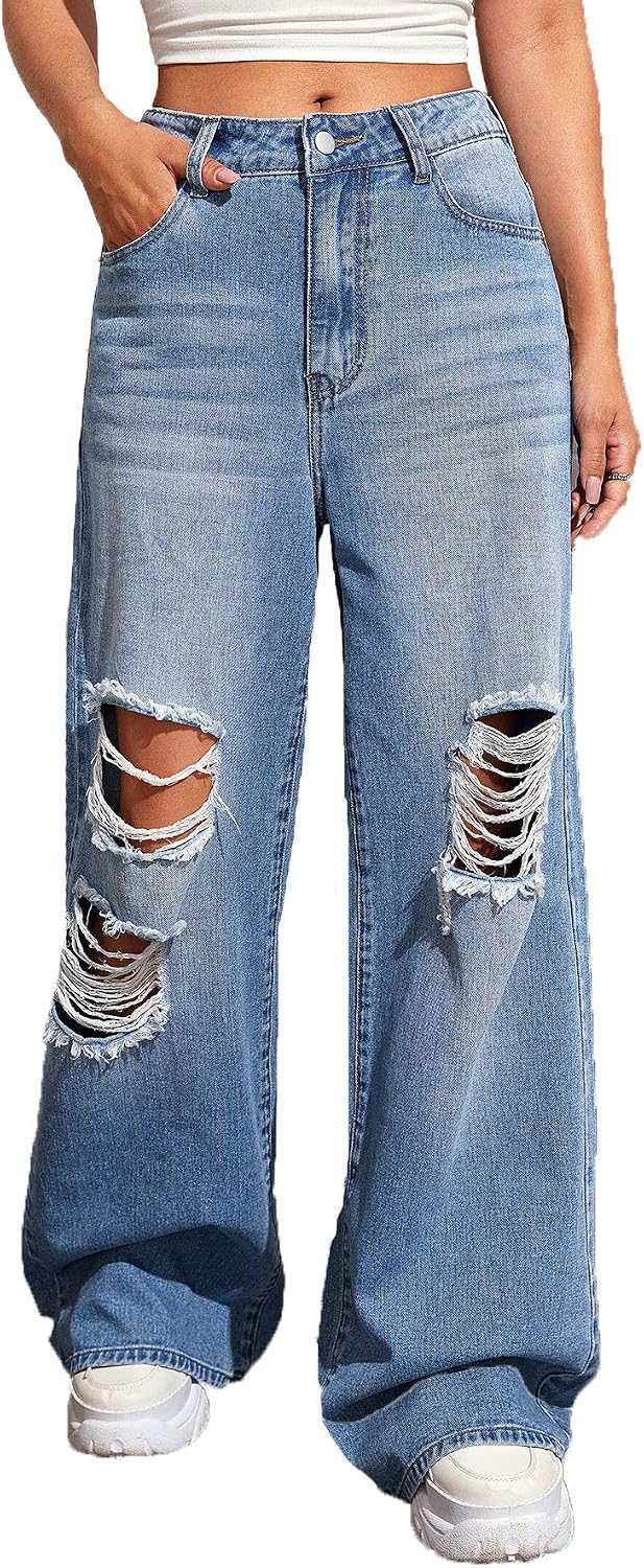 SweatyRocks Women’s Casual Loose Ripped Denim Pants Distressed Wide Leg Jeans