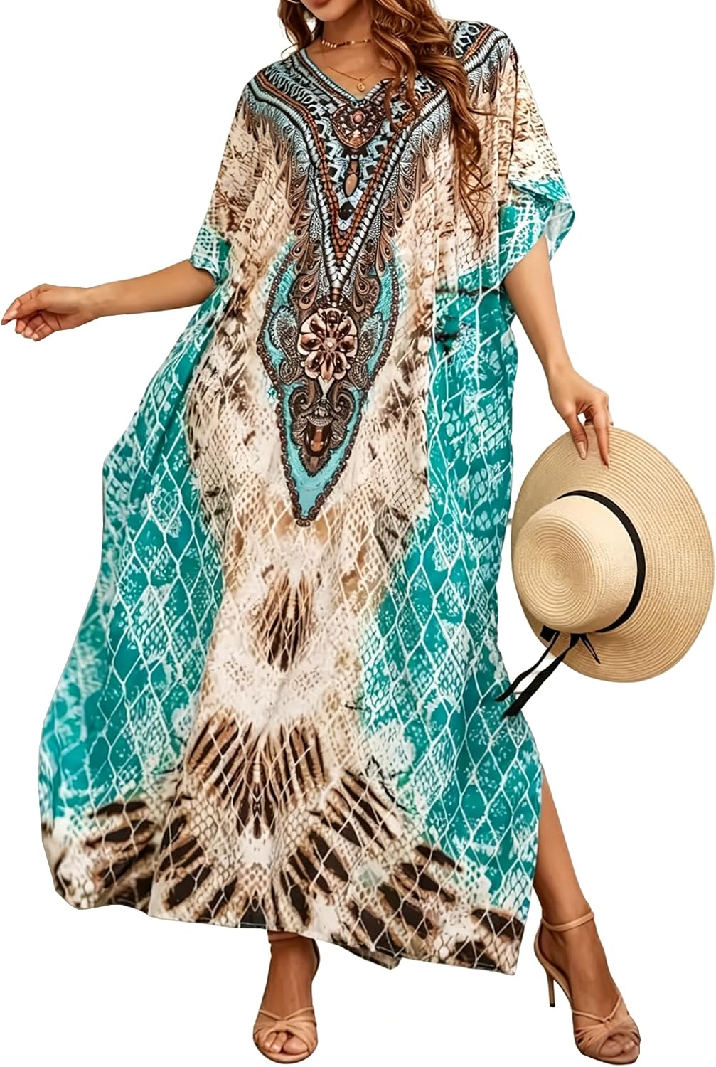 Kaftan Swimsuit Cover Up Women Plus Size Resort Maxi Dresses | Oversized Flowy V Neck Moomoo Caftan,Lightweight Beach Coverups for Lounging Music Fest,Fits S-XXL