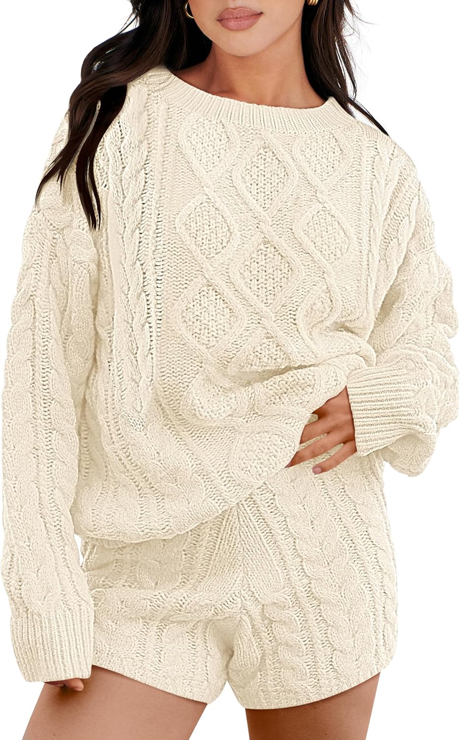 ANRABESS Women 2 Piece Outfits Sweater Lounge Loungewear Sets 2026 Winter Cable Knit Oversized Sweaters Shorts Matching Sets