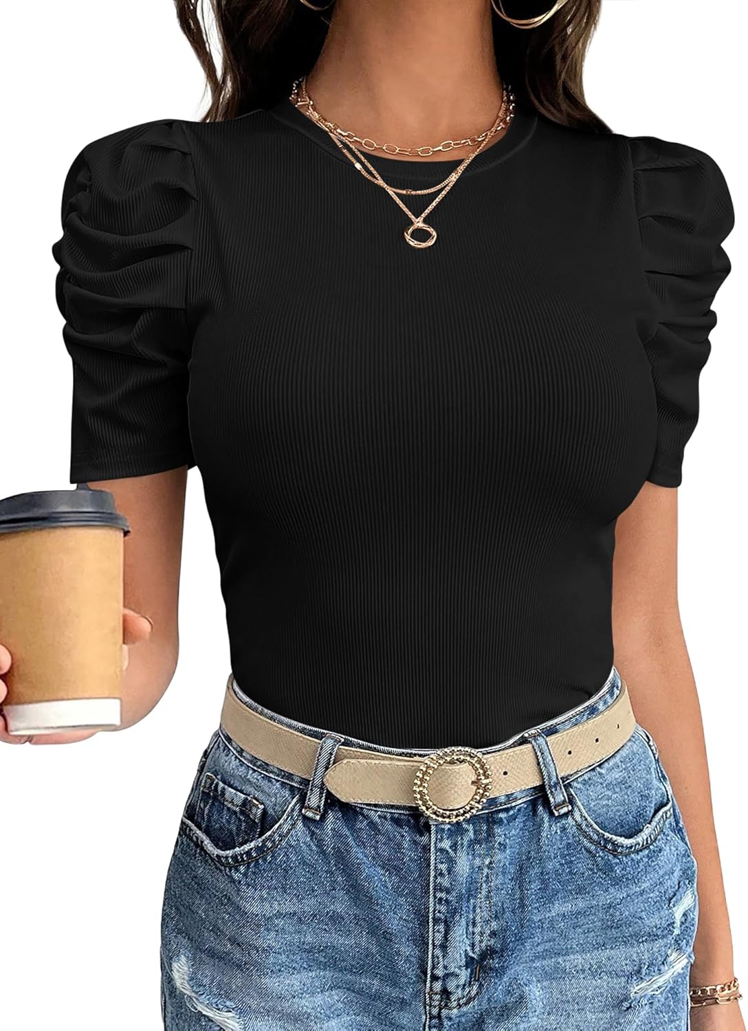 ANRABESS Women Puff Short Sleeve Crewneck Dressy Casual Tops Summer Fitted Ribbed Knit Trendy Work Shirts 2026 Spring Clothes