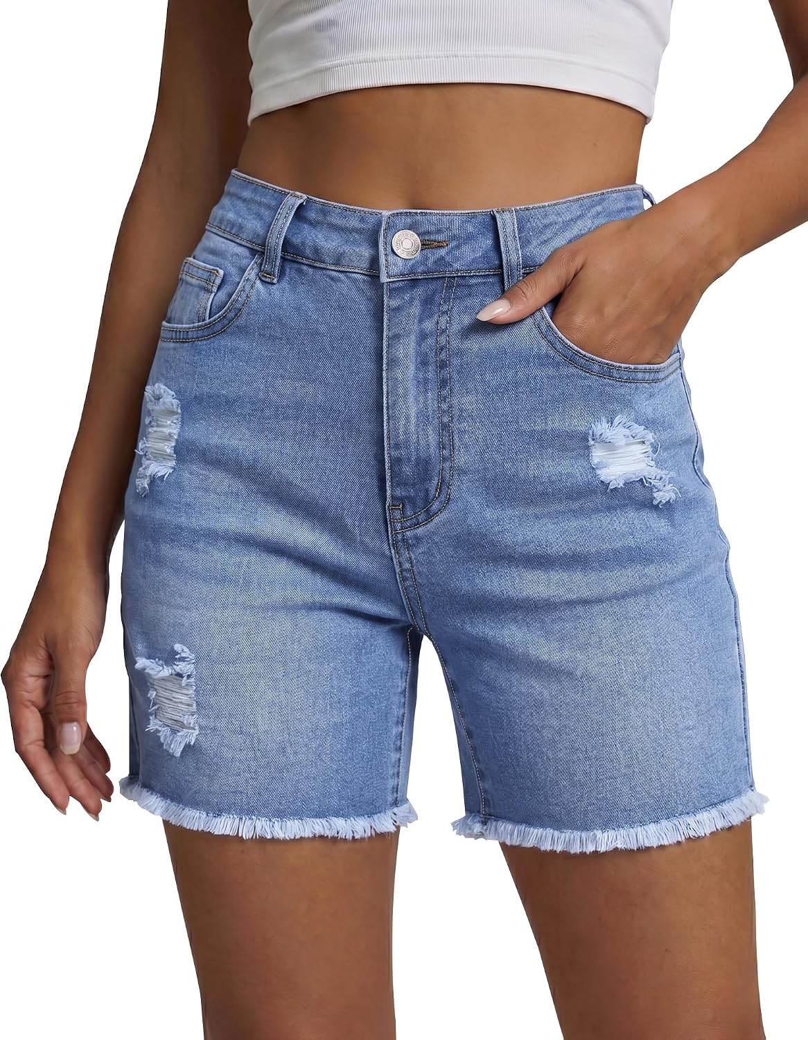 luvamia Jean Shorts for Women High Waisted Trendy Mid Thigh Distressed Ripped Frayed Stretchy Denim Shorts Cut Off Jorts