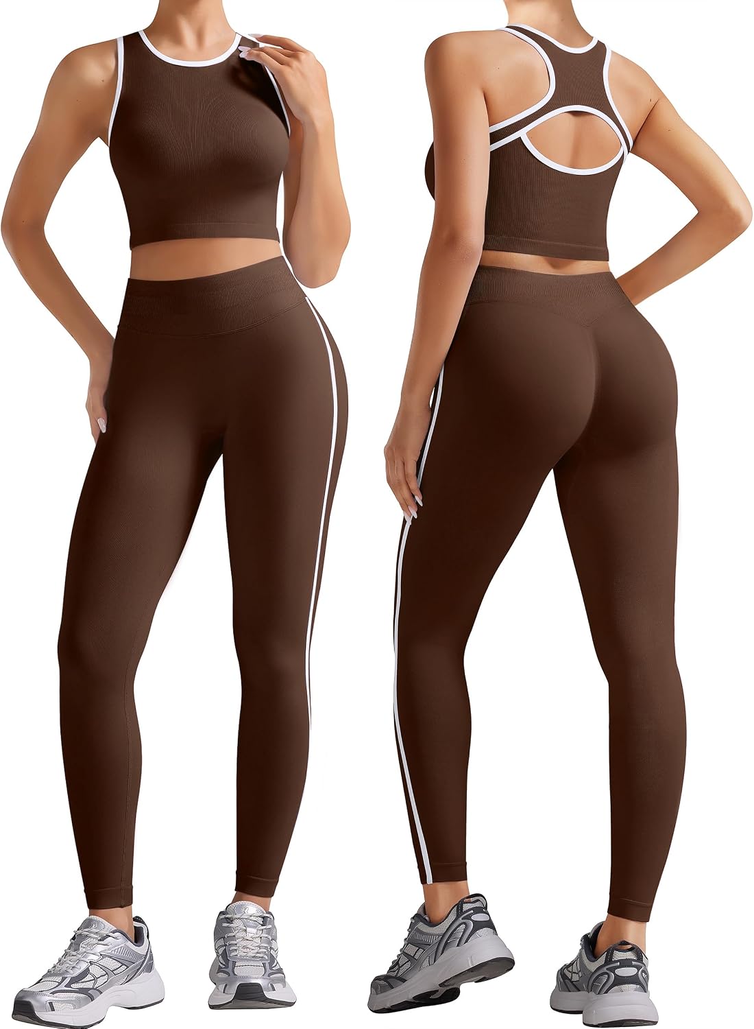 OLCHEE Womens Workout Sets 2 Piece Seamless Gym Yoga Outfits Butt Scrunch Leggings Crop Tank Top with Contrast Trim