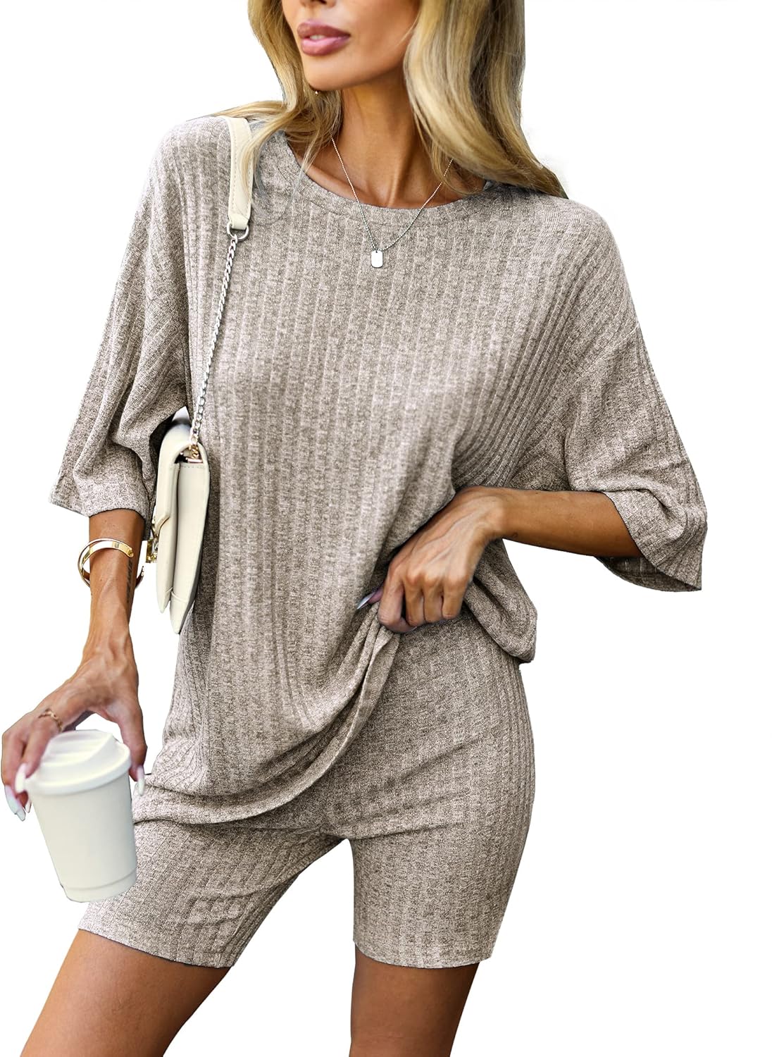 Ekouaer Pajamas 2 Piece Lounge Sets Ribbed Knit Matching Outfits T-shirt Biker Shorts Sleepwear Loungewear Sweatsuits