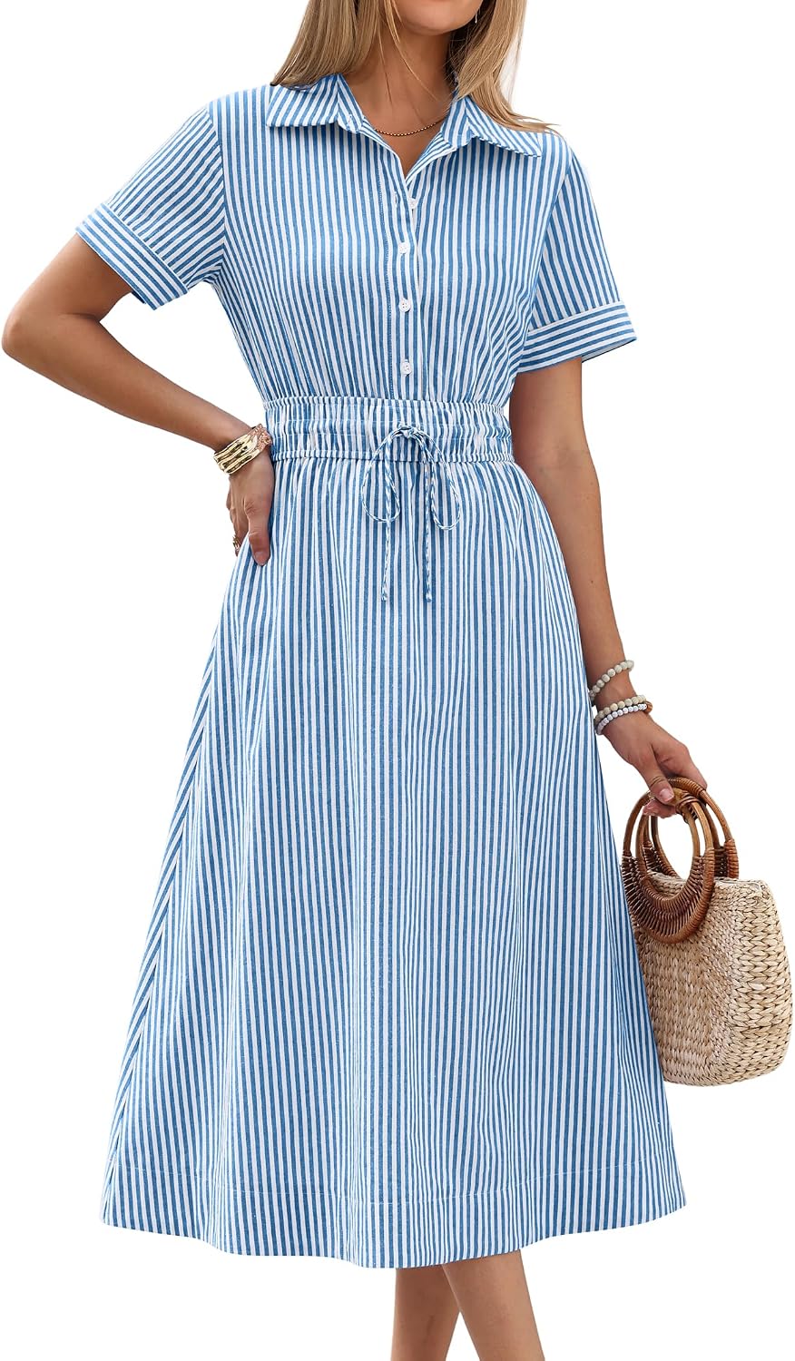 ANRABESS Women Summer Short Sleeve Midi Dress, Striped & Gingham, Casual A-Line Button Collar Shirt Dress, Beach & Vacation