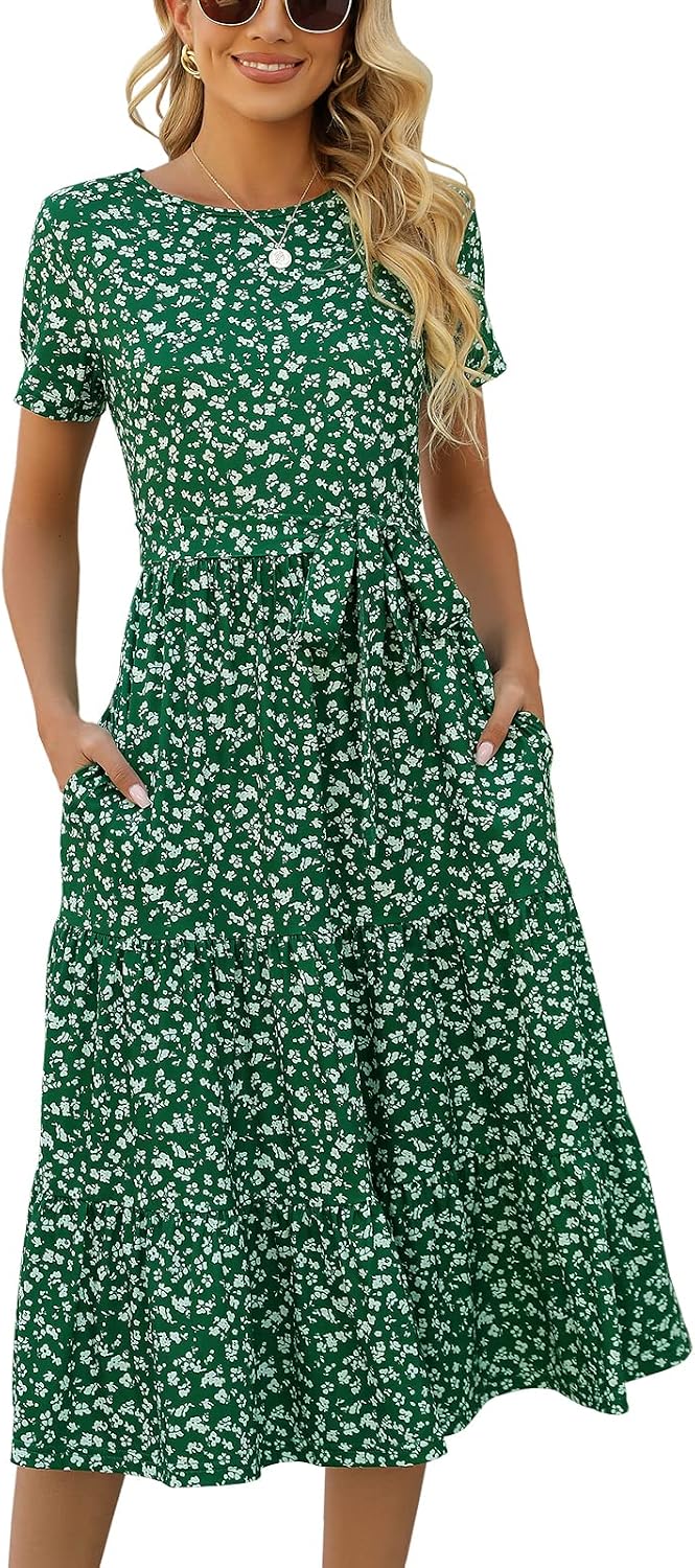 Lyrur Women’s Dresses Casual Summer Tiered Midi Dress Short Sleeve Belted Ruffle Babydoll Boho Sundress with Pockets