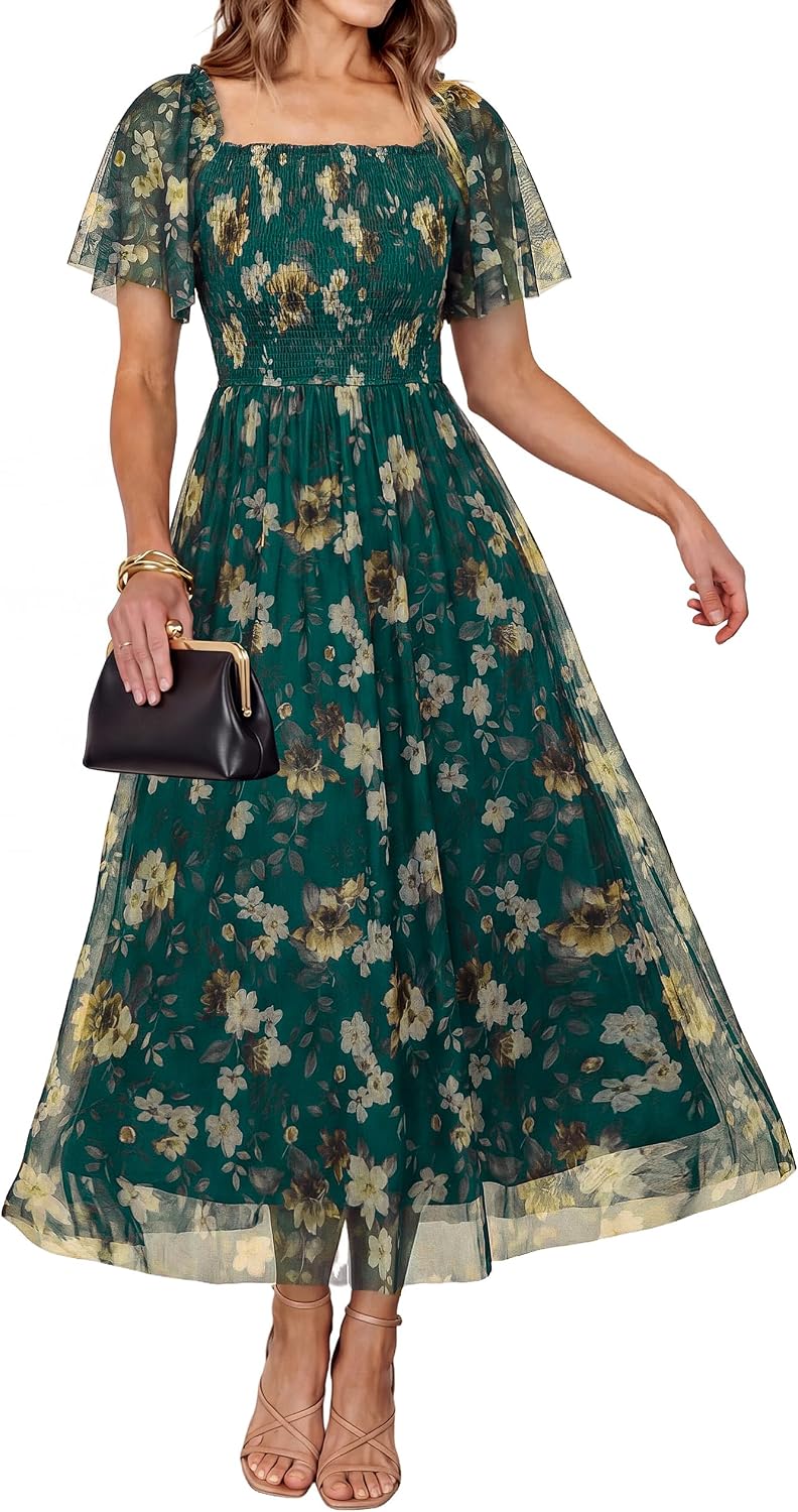 Simplee Womens Floral Maxi Dresses 2026 Summer Square Neck Mesh Short Sleeve Smocked Boho Flowy Wedding Guest Dress
