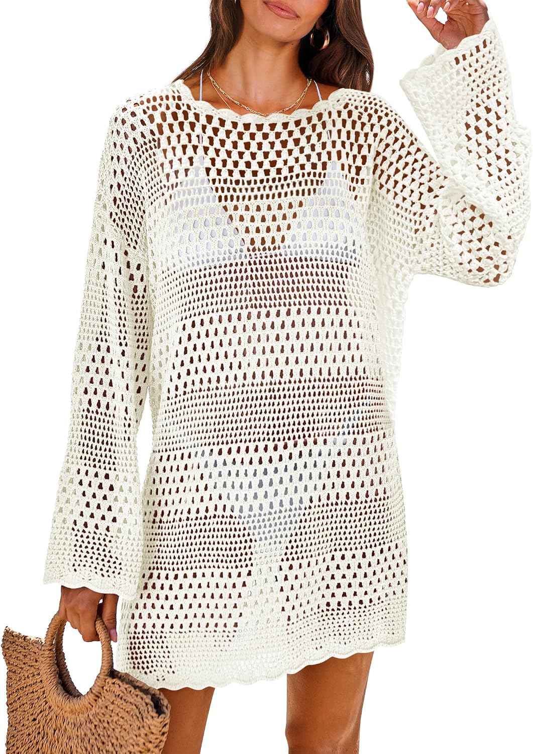 ANRABESS Women Swimsuit Crochet Swim Cover Up 2026 Summer Bathing Suit Swimwear Mesh Knit Beach Dress Vacation Outfits