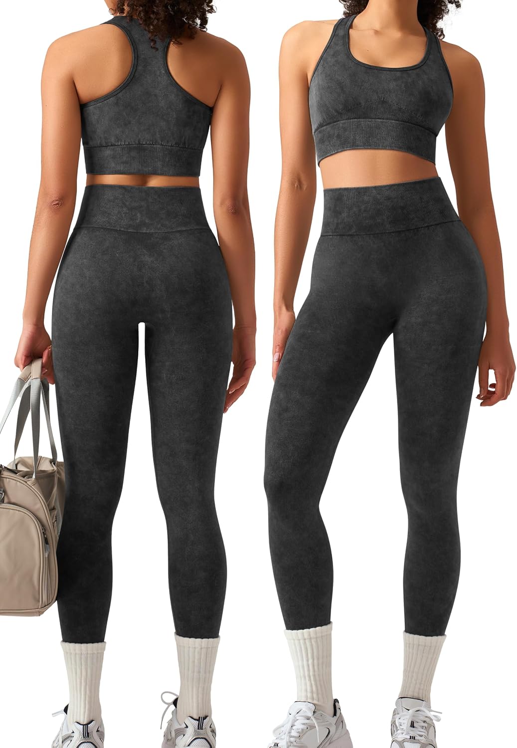 OLCHEE Womens Workout Sets 2 Piece – Acid Wash Seamless Yoga Outfits High Waist Leggings Padded Racerback Sports Bra Gym Set